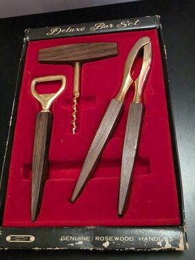 Rosewood Bar Set | Made in Japan Gold Tone 3pc | Original Box Vintage MCM